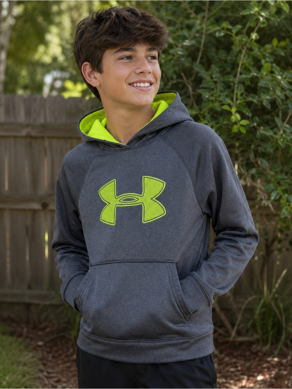 Under Armour Storm Hoodie Youth SM Gray Neon Green Fleece Pullover Boys